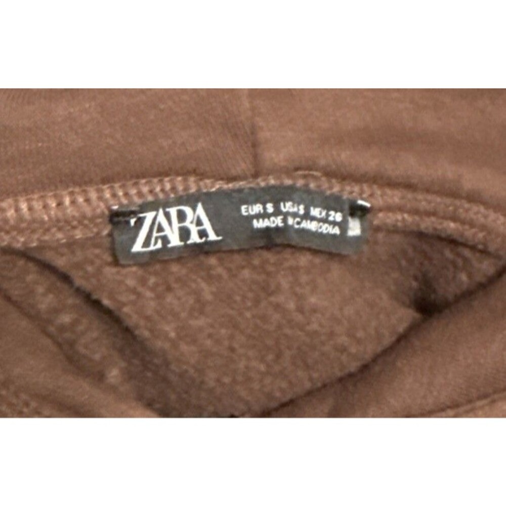 Zara Small Hoodie Crop Brown Long Sleeve Sweatshirt Pullover Elastic Hem - Picture 3 of 6
